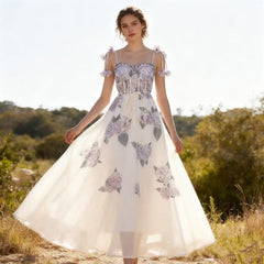 Floral Print Strap Midi Dress with 3D Flower Appliques
