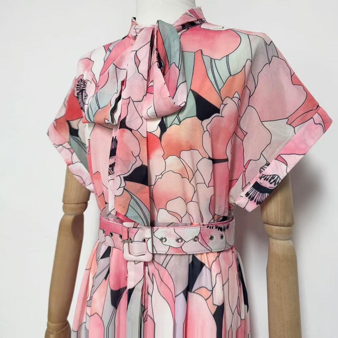 Floral Print Silk Organza Maxi Dress in Pink-Multi