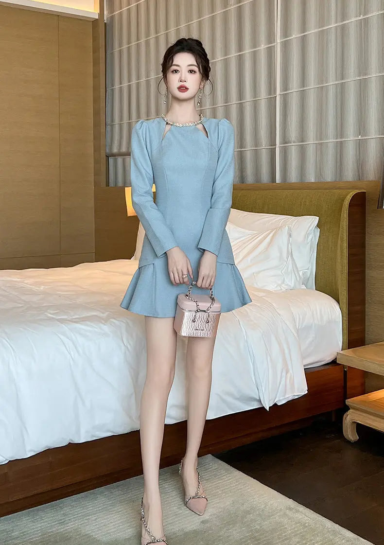 Rhinestone Neck Cutout Mini Dress in Blue