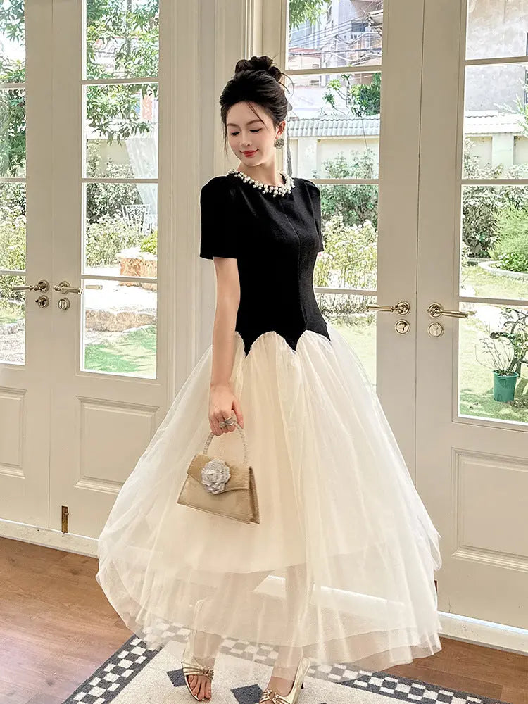 Black-White Rhinestone Neck Maxi Dress