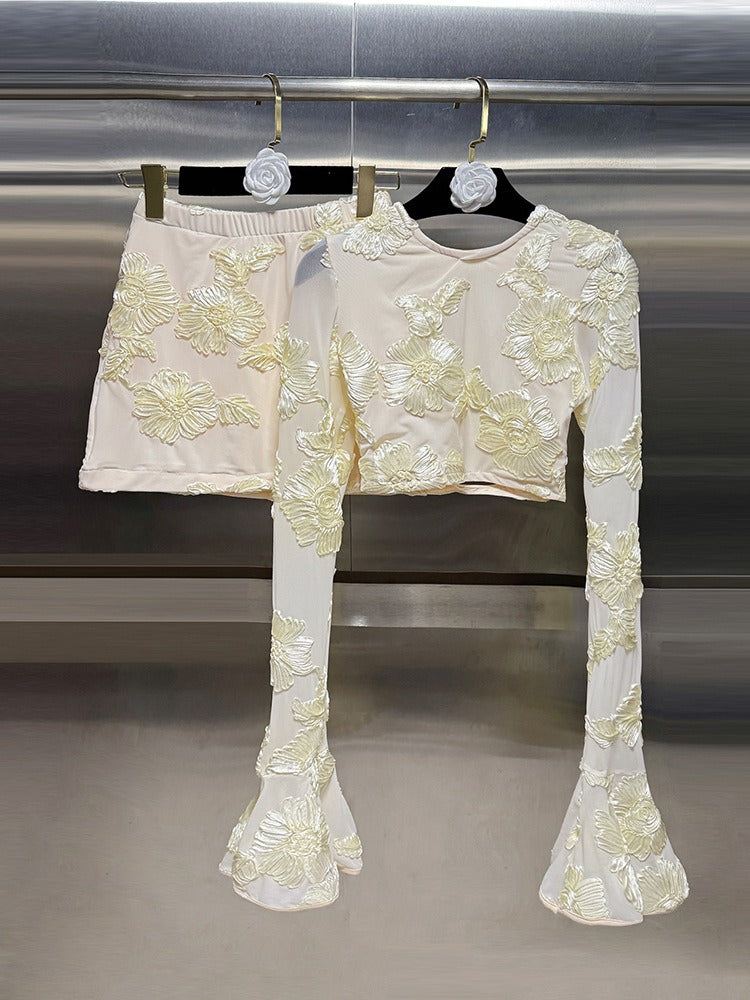 Embroidered Floral Backless T-shirt and Skirt Set
