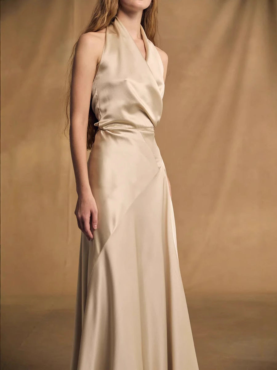 Champagne Crepe Bias-Cut Satin Halter Maxi Dress