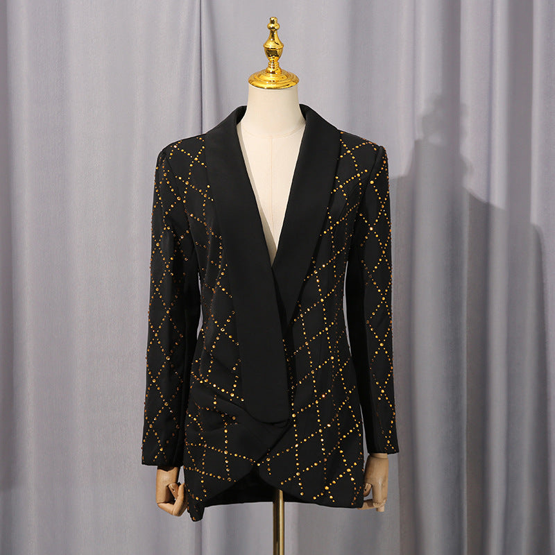 Black Folded Collar Rhinestone Blazer