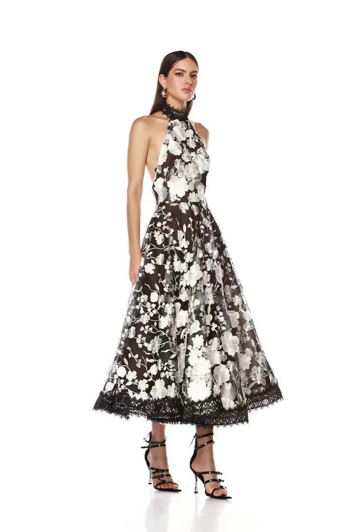 Black Halter Floral Embroidered Midi Dress