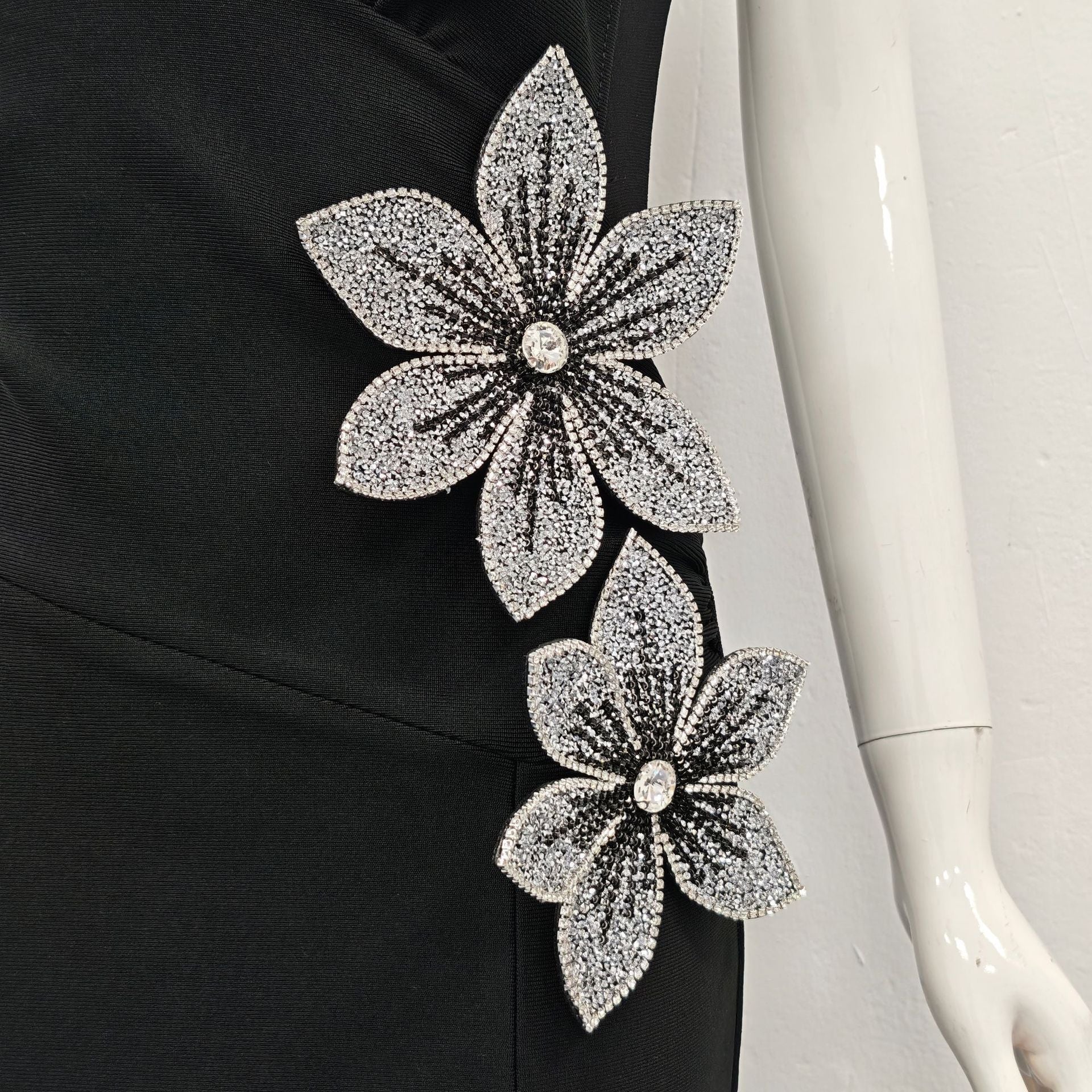Black 3D Floral Rhinestone Bodycon Maxi Bandage Dress