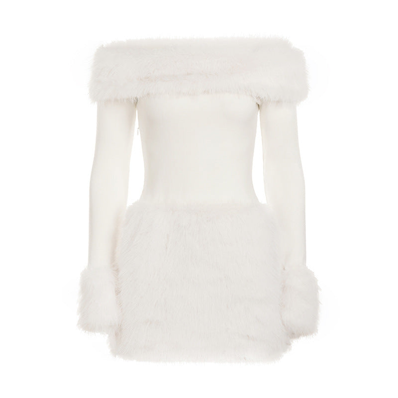 White Faux Fur Slim Mini Dress