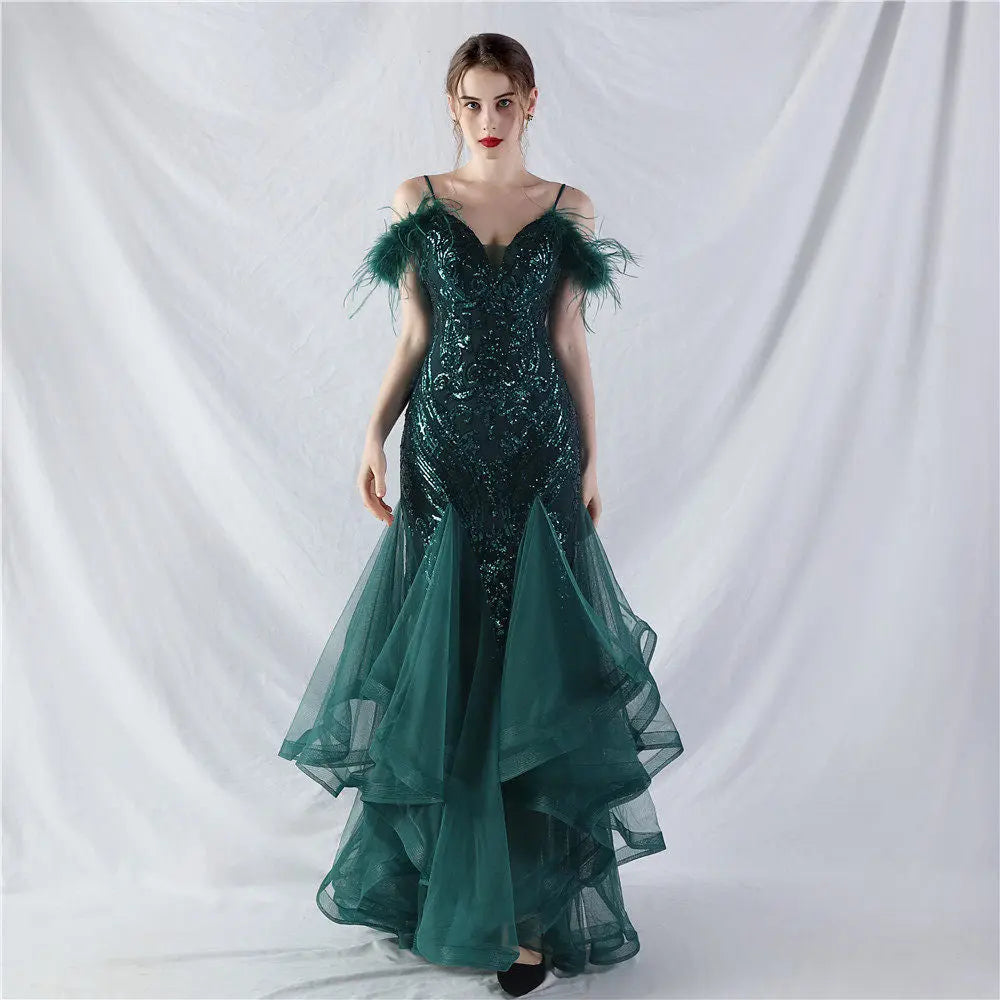 Feather Sequin Maxi Dress