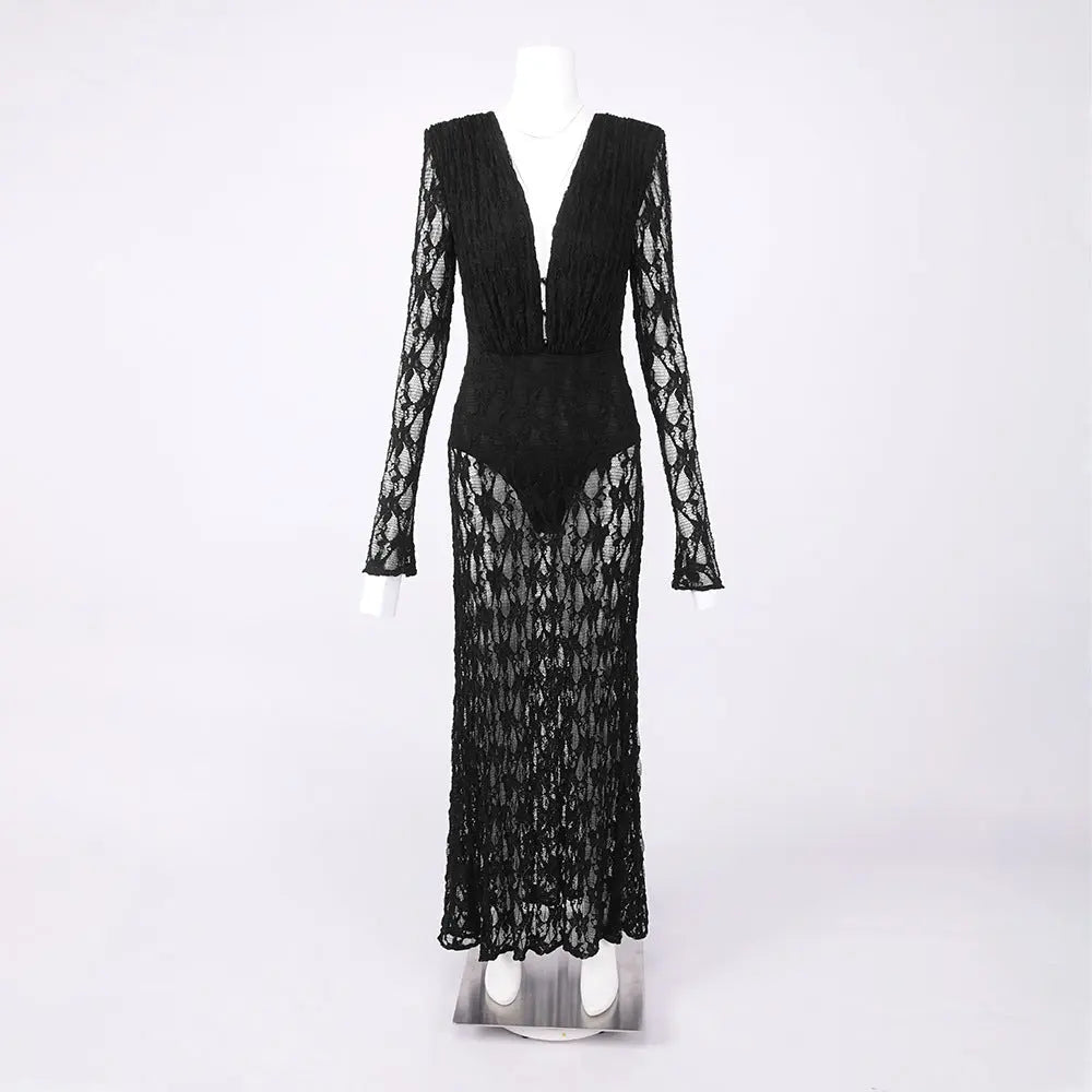 V Neck Hollow Long Sleeve Lace Maxi Dress in Black