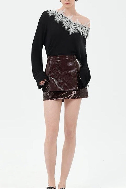 Sequin Embellished Leather Mini Skirt in Burgundy