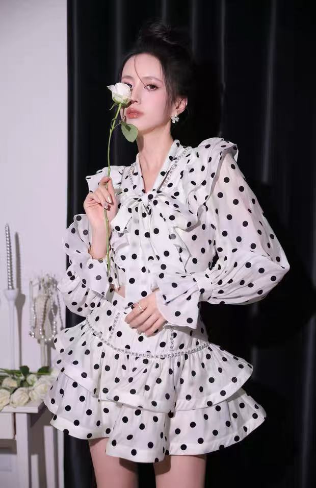 Black-White Ruffled Long-Sleeved Top with Puffy Skirt