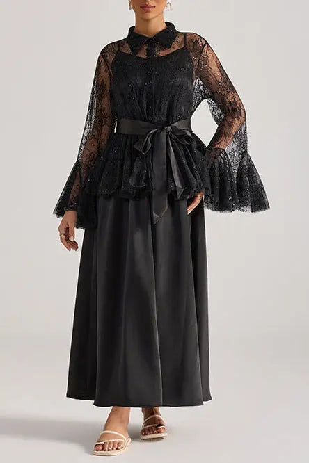 Black Lace Bell-Sleeve Ruffle Embroidered top maxi skirt set