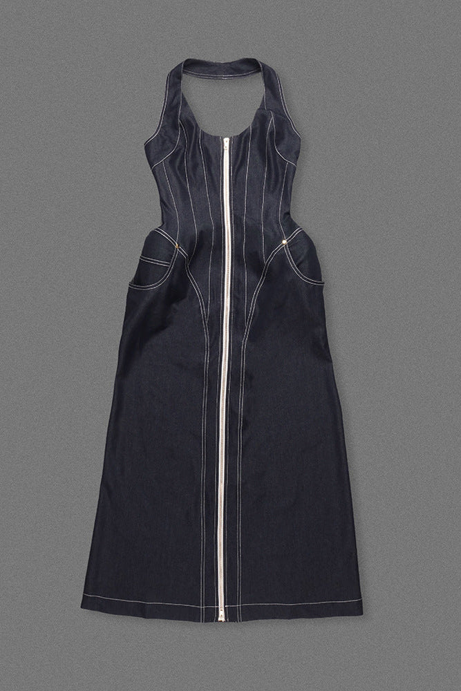 Haltered Corseted Midi Dress Denim in Navy Blue