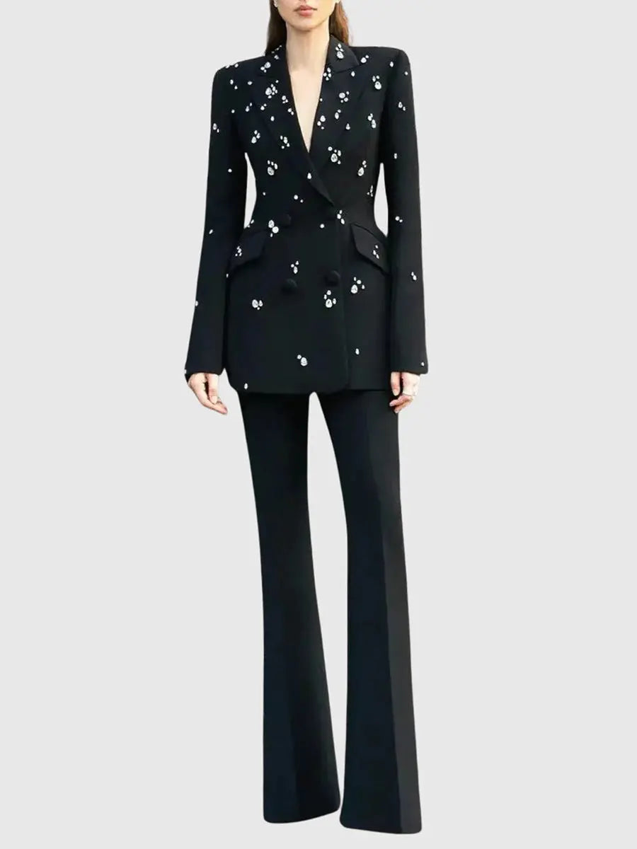 Black Straight Floor Length Pants rhinestone blazer set
