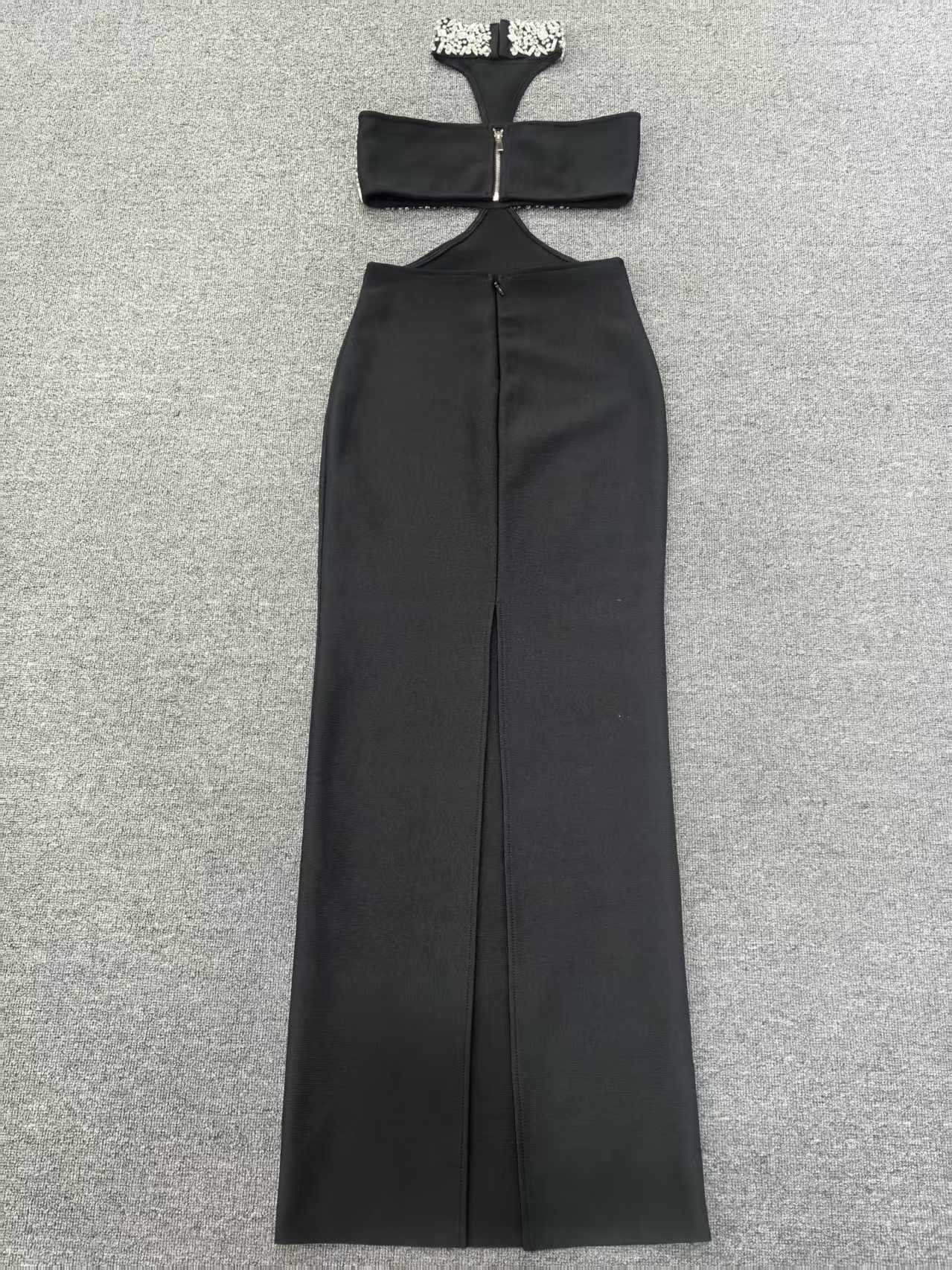 Crystal Halter Cut Out Maxi Dress in Black