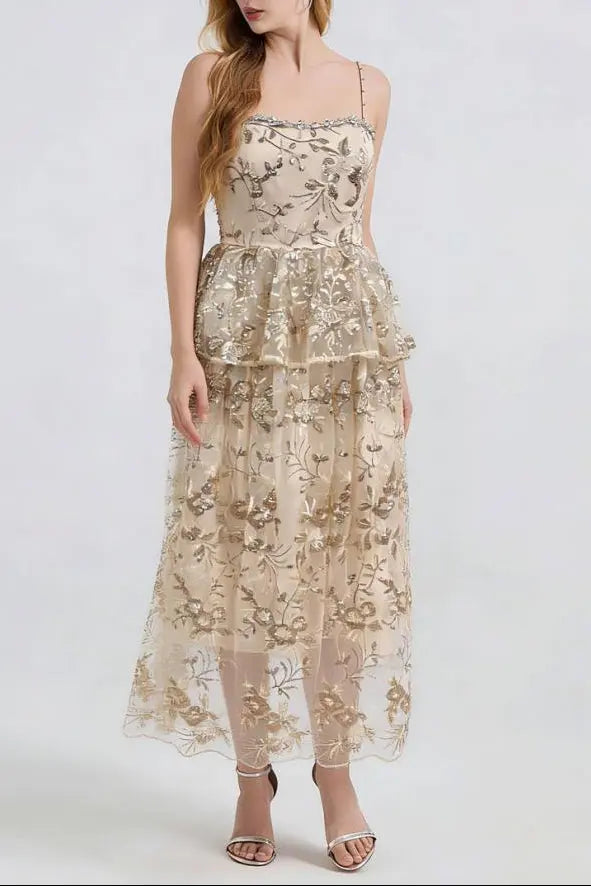 Gold Rhinestone Sequin Embroidery Maxi Dress