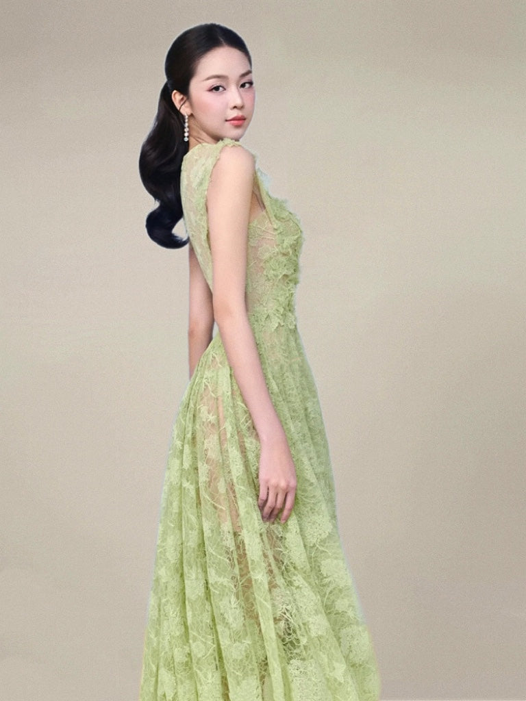 Lace Flower Embellished Maxi Dress in Green