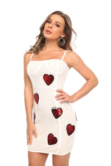 Sequin Heart Embroidery Lace Mini Dress in White