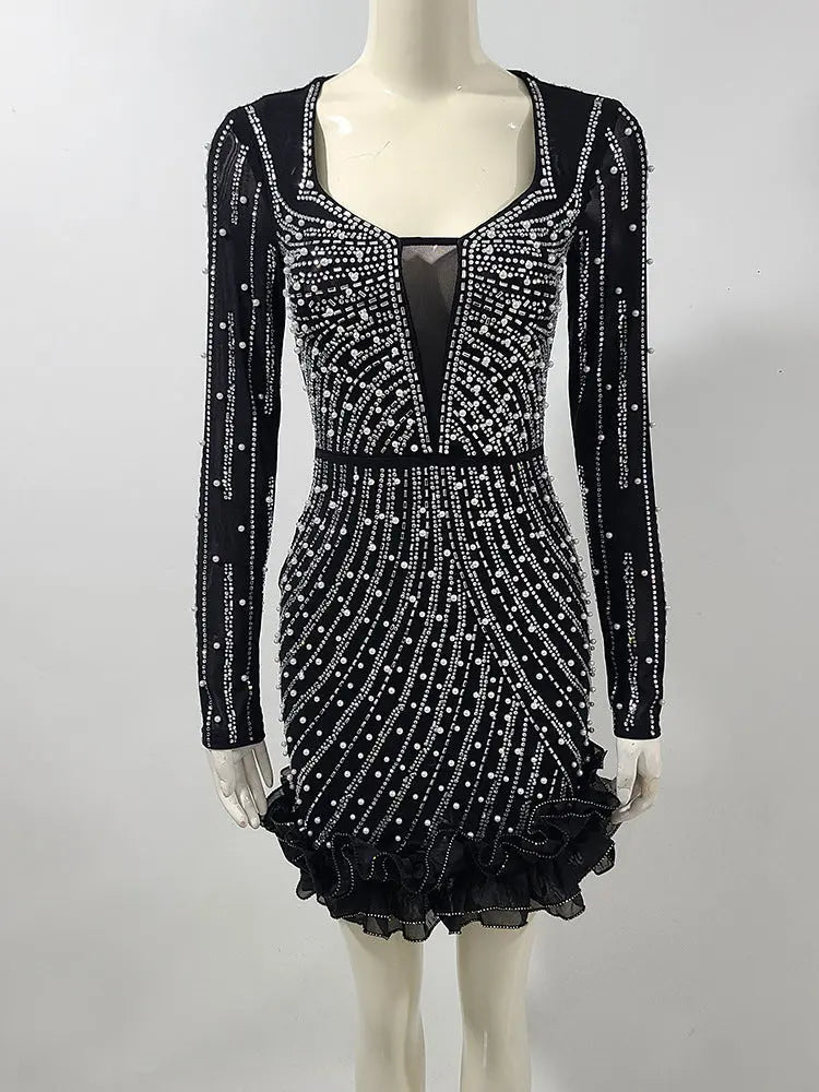Black Crystal Embellished Flutter Trim Mini Dress