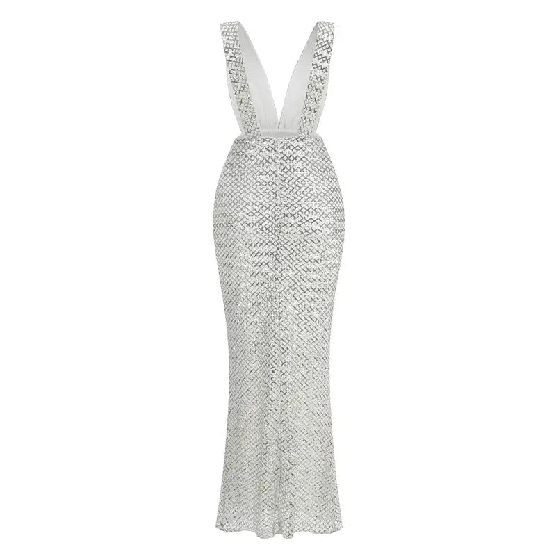 Sequin Embellished V Neck Maxi Dress in Silver