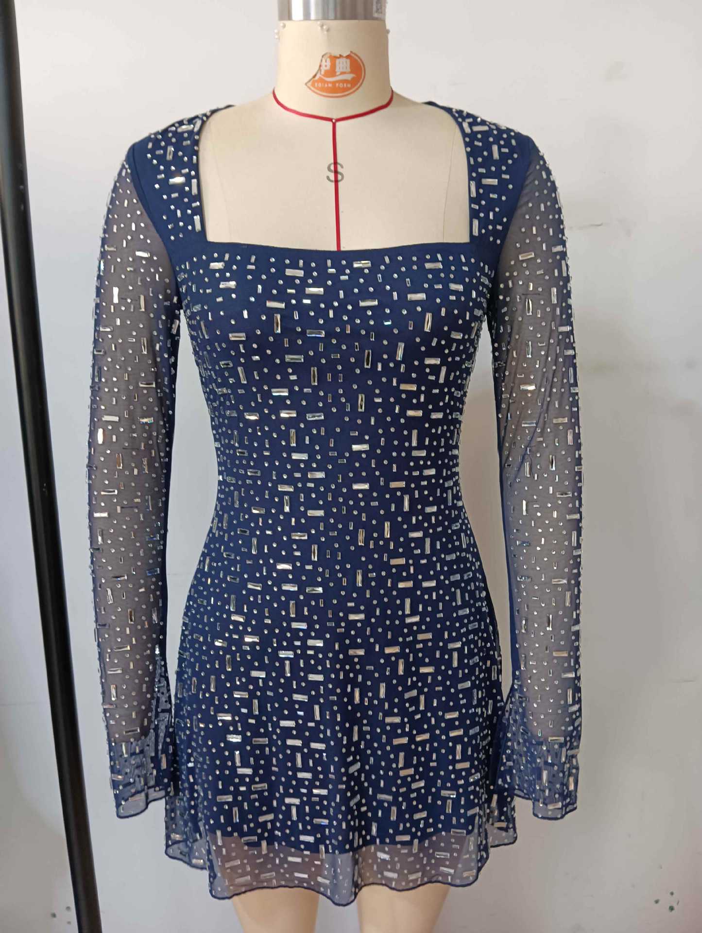 Navy Long Sleeve Rhinestone Mesh Mini Dress