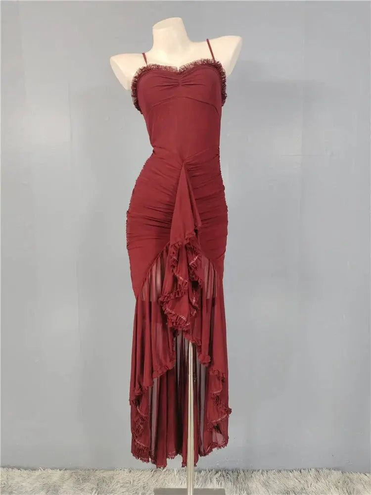 Mesh Ruffle Waist Maxi Dress