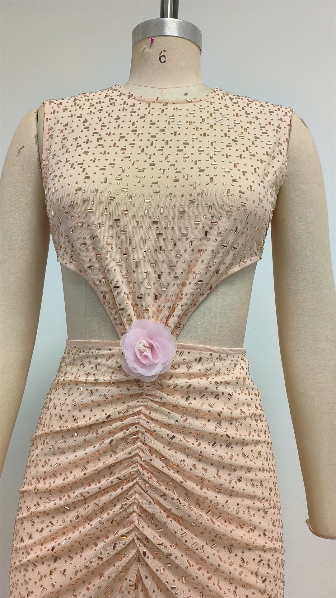 Flower Sequin Cutout Maxi Dress in Apricot