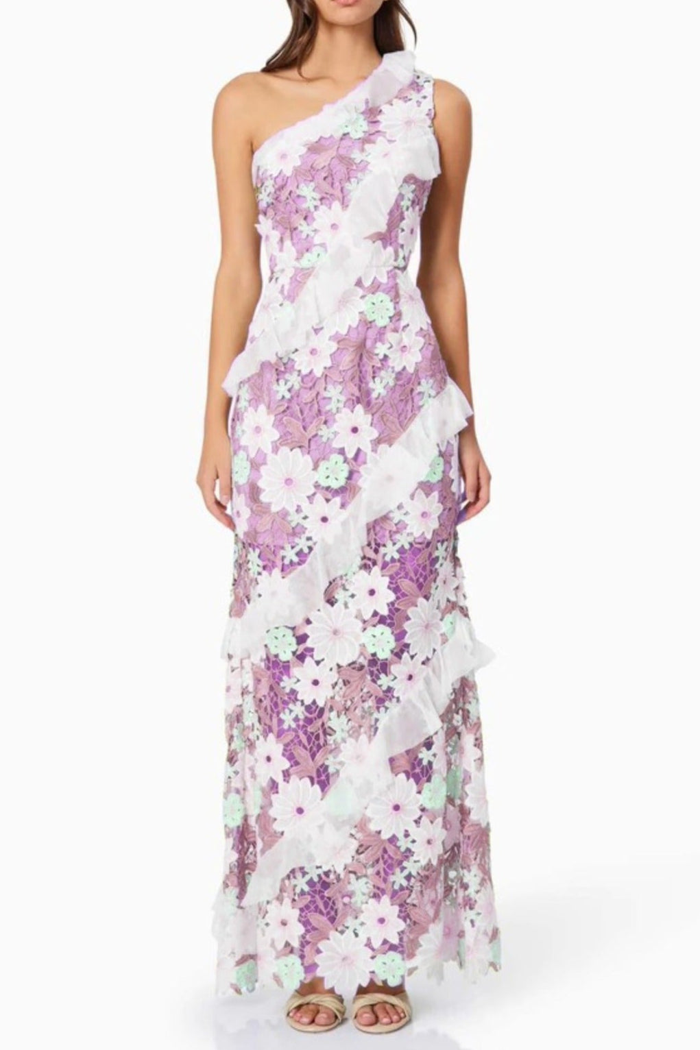 Floral One Shoulder Lace Maxi Dress in Purple