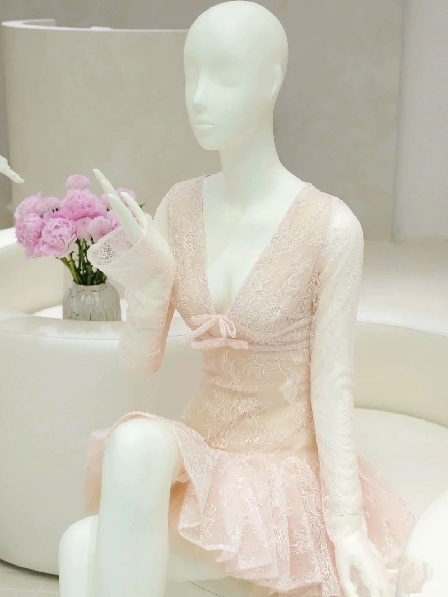 Long-Sleeve V-Neck Lace A-Line Mini Dress in Pink