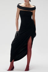 Black Off-shoulder Asymmetrical-High Maxi Dress