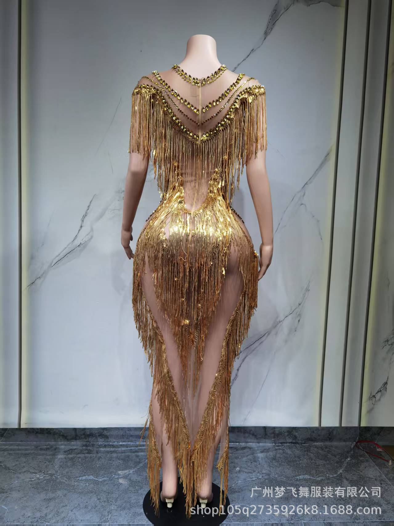 Fringe Sequin Crystal Maxi Dress In Gold