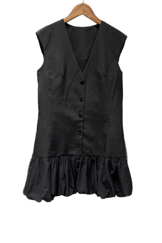 Button Front Bubble Hem mini Dress in Black
