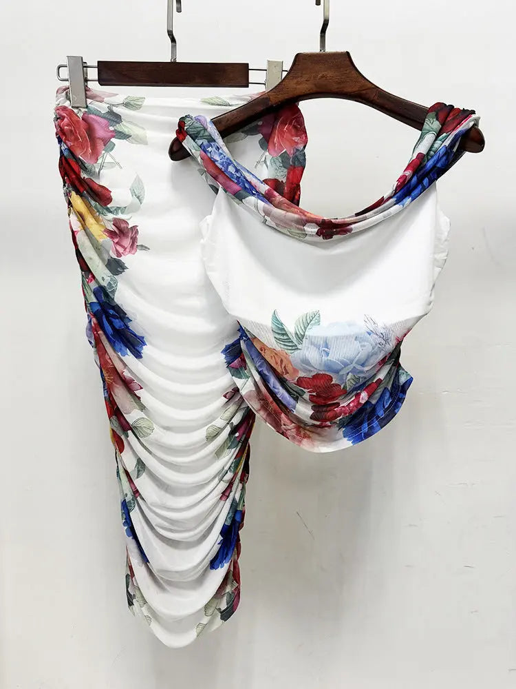 White Off-Shoulder Floral Print Ruched Top Skirt Set