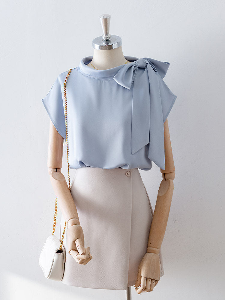 Asymmetrical Side Big Stand Collar Cap Sleeve Satin Blouse