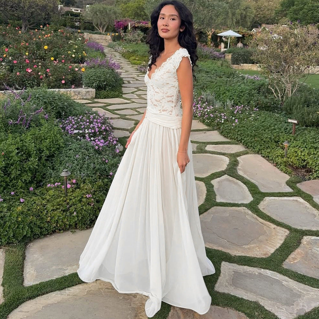 Winter Style Sheer V-Neck Lace-Trimmed Maxi Dress