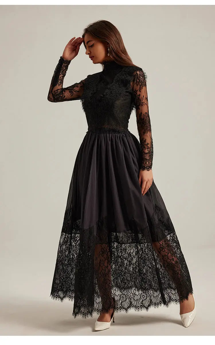 Flowerr Lace Embroidery Maxi Dress Set in Black