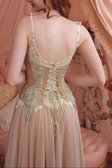 Sequin Lace Mesh Flower Detail Maxi Dress in Cream Pink