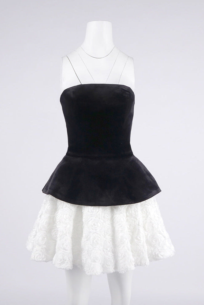 Petal-Layered Top Mini Skirt Suit Without Glove - Black/White