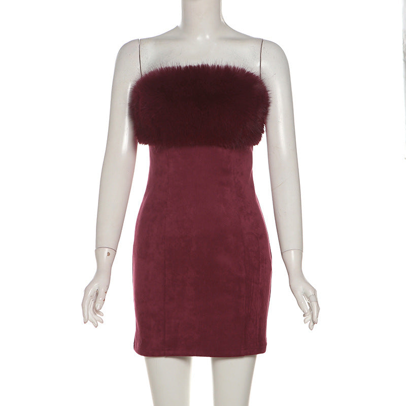 Fur Trim Bandage Mini Dress in Burgundy