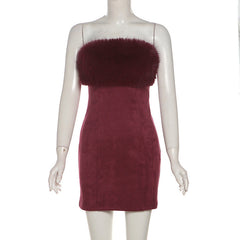 Fur Trim Bandage Mini Dress in Burgundy