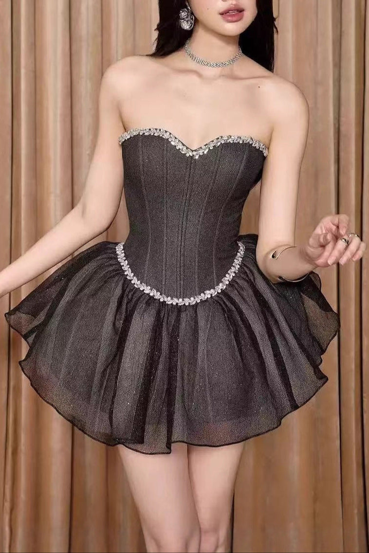 Top Fishbone Mesh Mini Dress in Black