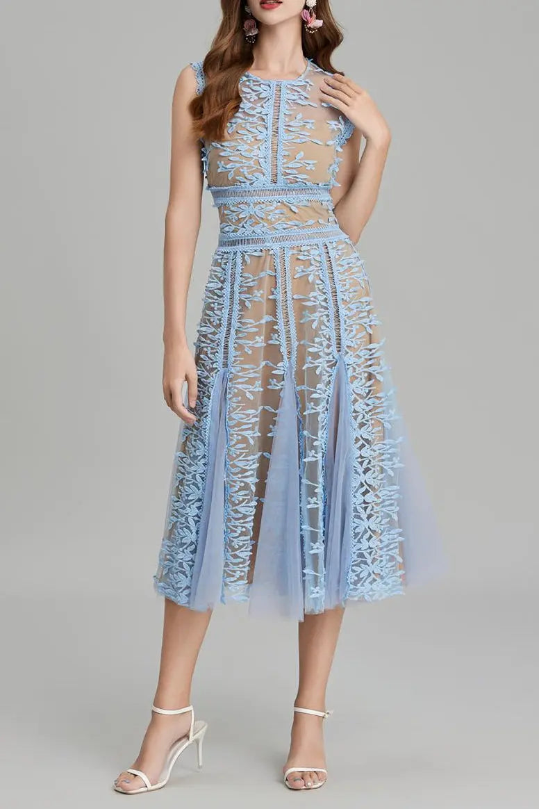 3D Embroidered Lace Mesh Midi Dress in Blue