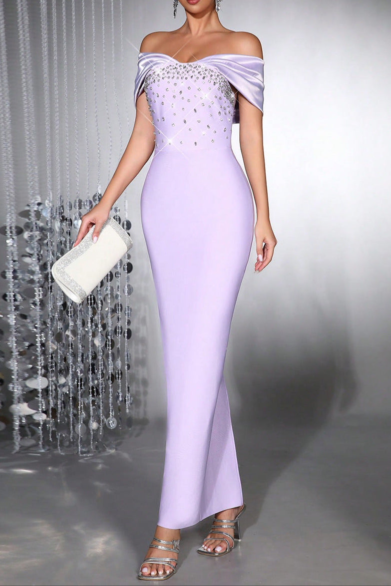 Diamond off-Shoulder Bodycon Maxi Bandage Dress in Purple