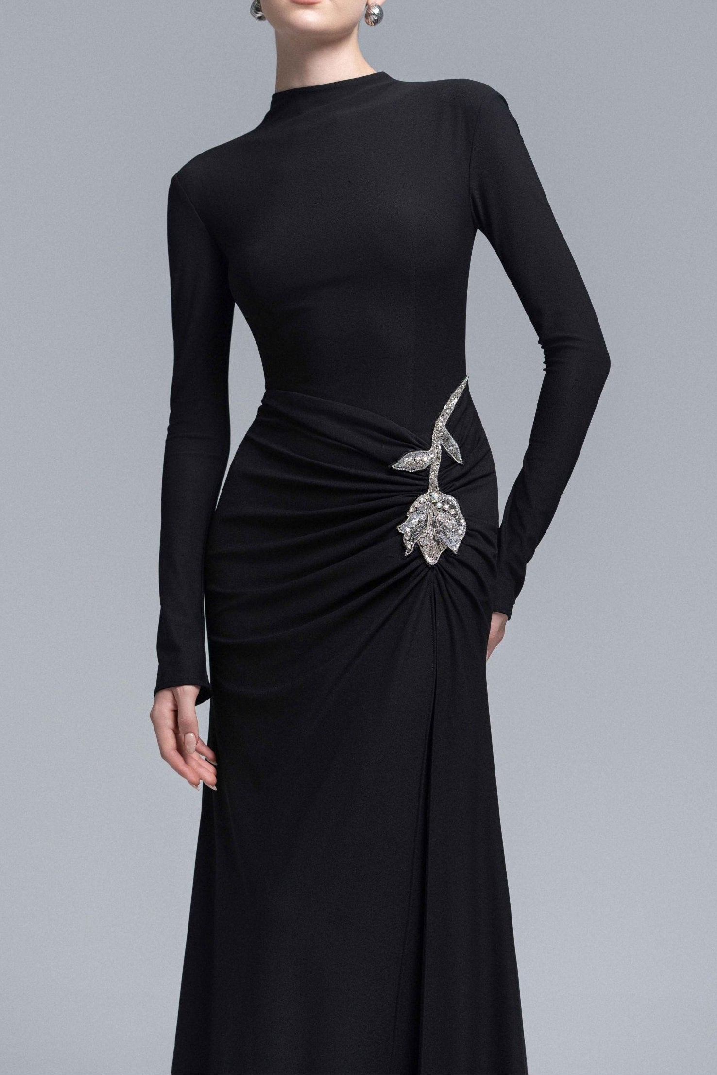 Rose Embellished Sheath Gown in Black