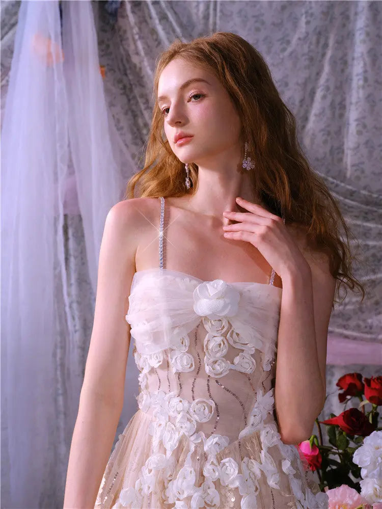 Leah White/Beige Sleeveless Flower Dress