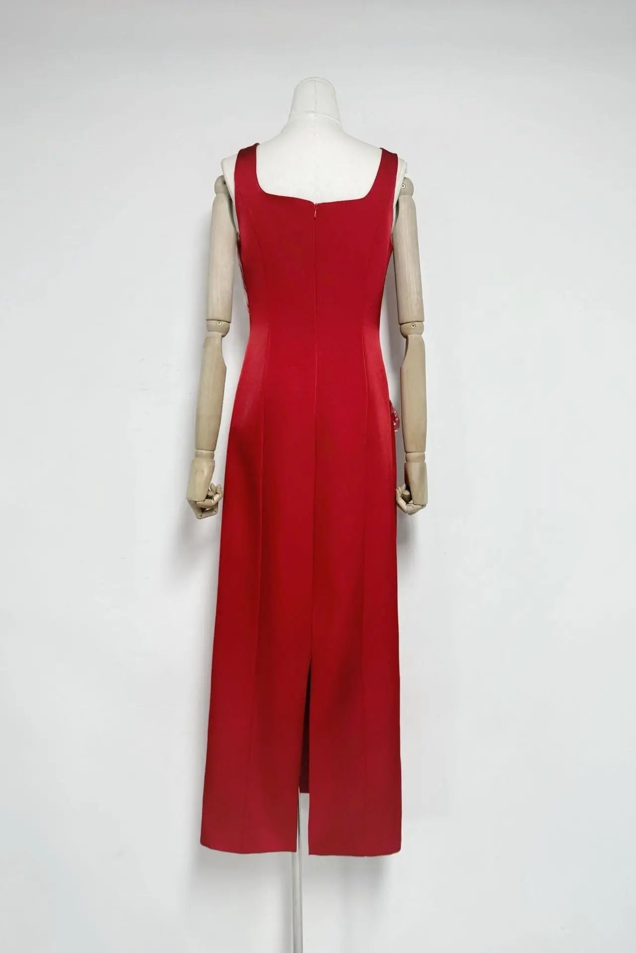Square Neck Flower Embroidery Satin Maxi Dress in Red