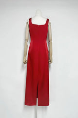 Square Neck Flower Embroidery Satin Maxi Dress in Red