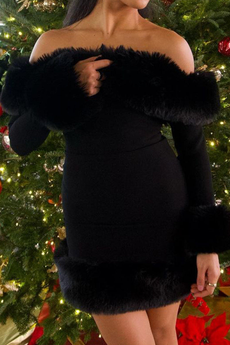 Black Long-Sleeve Off-Shoulder Mini Dress with Fuzzy Details
