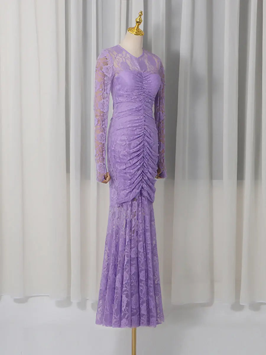 Lace Hollow Ruched Bodycon Long Sleeve Maxi Dress in Purple