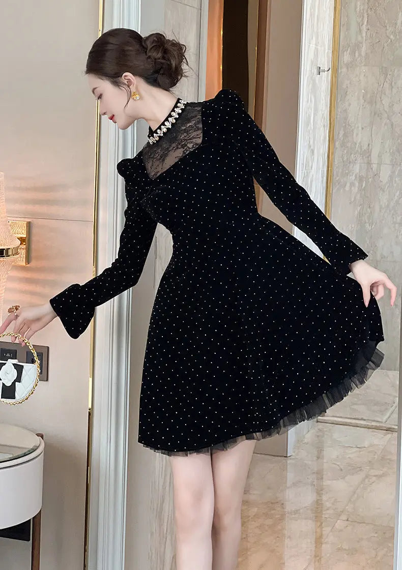 Polka Dots Long Sleeve Mini Dress in Black