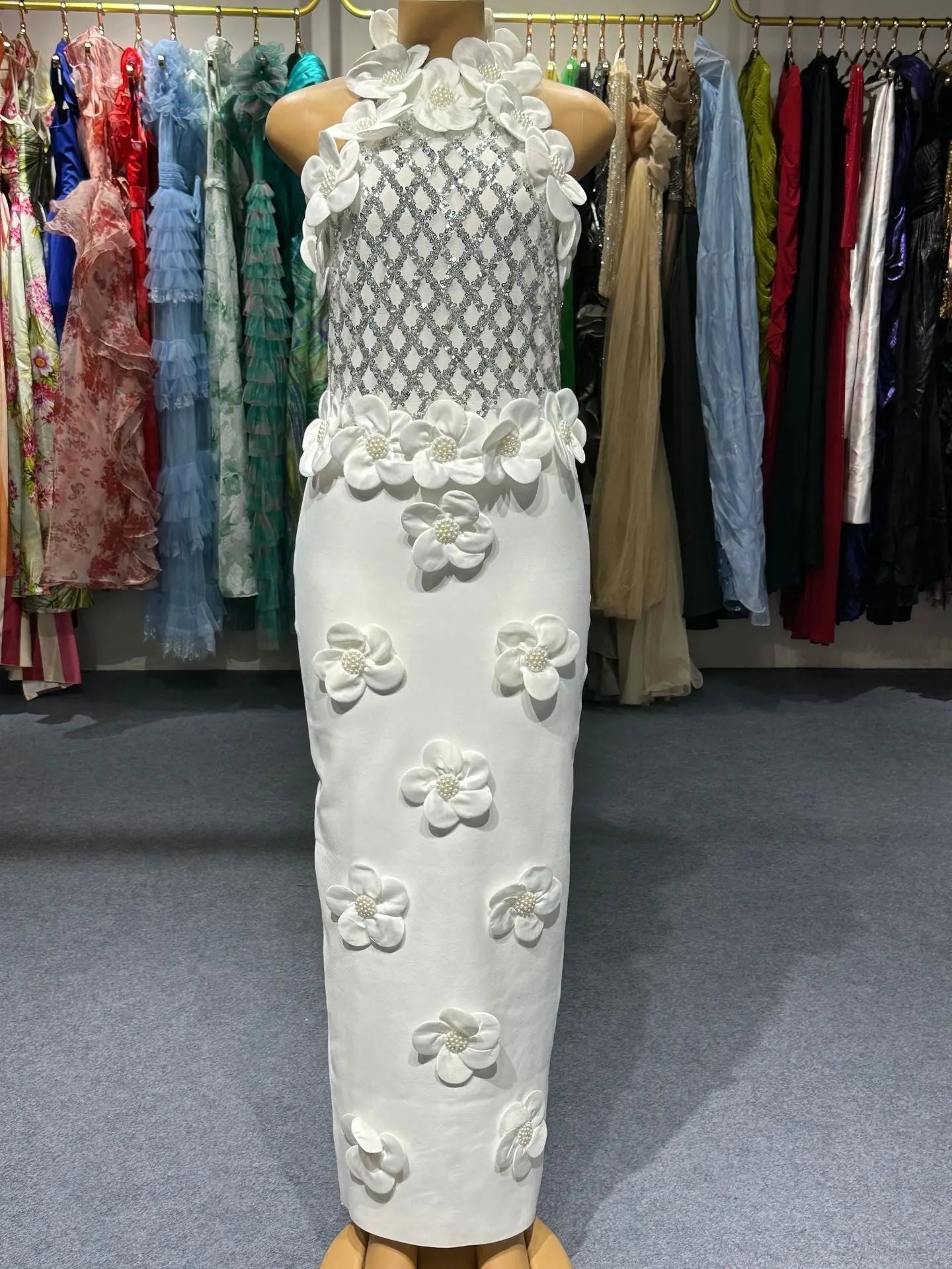 3D Flower Sequin Halter Bandage Maxi Dress in White